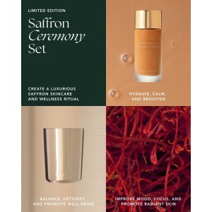 Set Includes: Full-Size Brightening Saffron Essence (100mL), Kansa Cup (one size), Premium Mongra Saffron (0.5g)